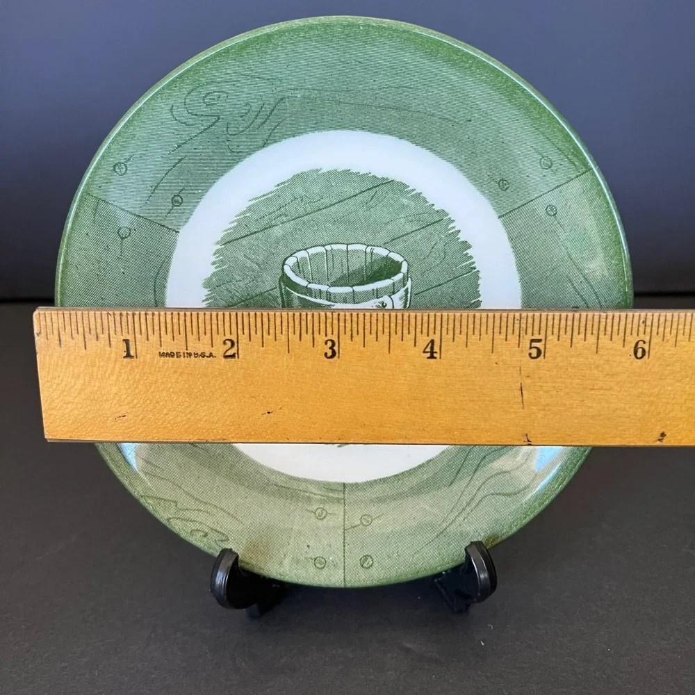 Vintage Green Transferware Wooden Bucket Bread Plates Set of 4 Farmhouse 6.25